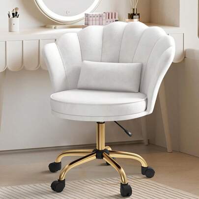 Nalupatio Modern Velvet Vanity Chair With Gold Base, Swivel Office Chair With Lumbar Pillow, Adjustable Rolling Task Chair For Condo, Bedroom & Vanity,White
