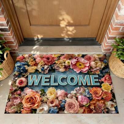 1pc Spring Floral Theme Outdoor Doormat, Colorful Floral Welcome Carpet Mat Suitable For Entryway, Foyer, Balcony, Garage, Hallway, Patio, Yard, Home Decor, Oil Painting Gradient Wood Grain Background Design, Spring Garden Style Doormat