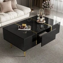 Masă de cafea lucioasă / Masă elegantă de living / Modernă și simplă, cu 2 sertare / Robustă și durabilă, cu mult spațiu de depozitare / Potrivită pentru camere de zi și birouri - Negru - Vizualizare 7