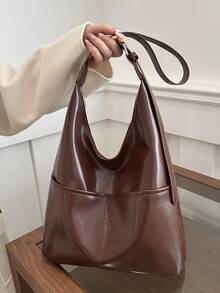 女士新款手提包，简约高端通勤腋下包，大容量斜挎单肩包 - 咖啡棕 - 查看 3