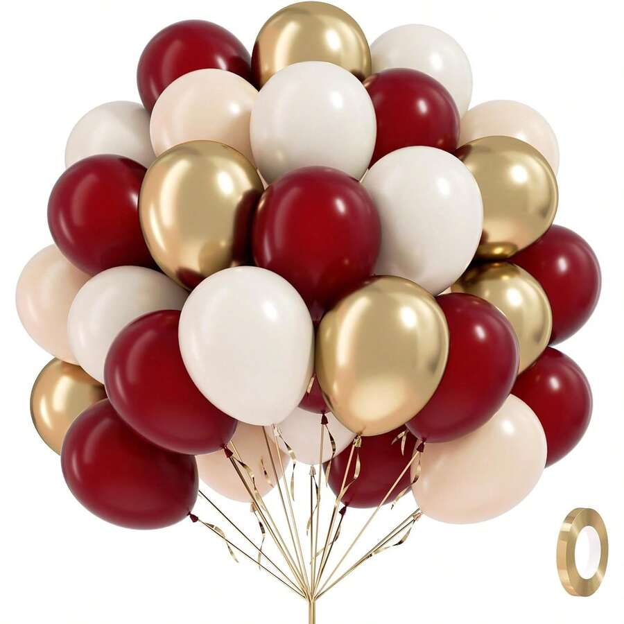 60pcs Chestnut Brown & Gold Balloons, 10-Inch Burgundy & Gold Balloons, Nude Balloons, Suitable For Wedding, Bridal Shower, Graduation, Birthday Party Decoration - Red Gold - View 1