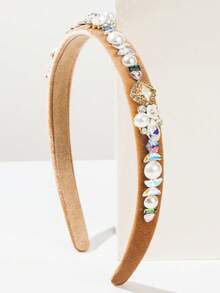 1pc New Solid Color Velvet Geometric Pattern Vintage Rhinestone Pearl Flower Hairband, Suitable For Women To Wear At Banquets And Balls Travel Accessories Hair Band Hair Hoop - Light Brown - View 4