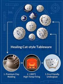 DearDali 一套日式原创陶瓷餐具，可爱猫咪图案，自制厨房酱汁碗碟，手绘陶瓷碗碟，时尚厨房必备，适合盛放早餐燕麦片或正餐。 - 彩色 - 查看 8