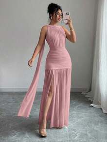 Women's Elegant Solid Color Backless Pleated Slit Dress, Summer - Pink - View 4