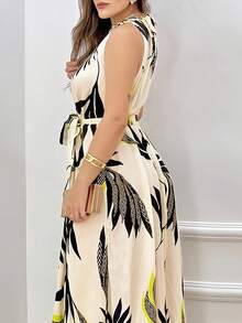 Women's Casual Sleeveless Dress With Botanical Print, Elegant, Summer, Boho Dress With Belt, Gathered Hem, Round Neck Gathered Sleeves, Regular Fit, Long With Tropical Floral Print - màu đen - Xem 4
