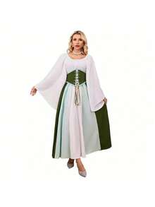 Vestido longo feminino para Halloween, fantasia medieval renascentista para palco, cosplay, roupa retrô para interpretação de personagens. - Borgonha - Ver 2