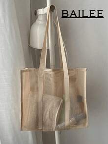 1 Set Of Fashionable Bohemian Style Beach Bag, Solid Color Design, Large Capacity And Portable, Made Of Polyester Fiber Material, Full Mesh Design For Transparency And Breathability, Another Style Features Double Top Handles, Suitable For Travel, Camping And Storage, Ideal Choice For Bohemian Women, Boho, Summer - 卡其色 - 查看 2