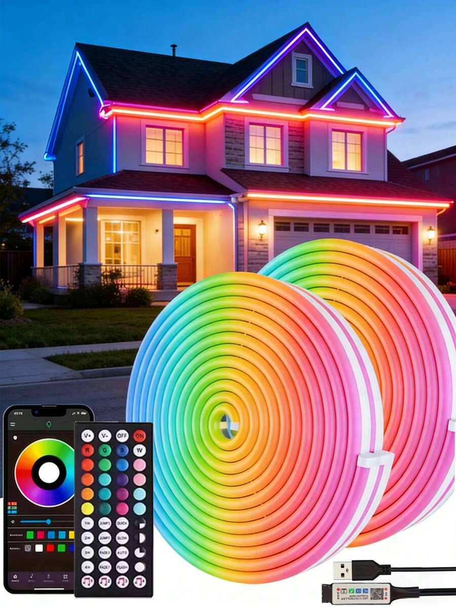 RGB LED霓虹灯带,带遥控器/APP控制,防水柔性LED霓虹灯,适用于卧室装饰,长度16英尺-100英尺,RGB LED灯带,支持APP控制和遥控器,定时、音乐同步,IP67防水,户外适用,柔软霓虹灯管,适用于卧室、客厅、游戏、万圣节派对、圣诞节装饰,LED霓虹灯招牌 - 彩色光 - 查看 1