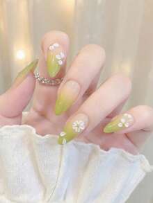 24Pcs Green Gradient Press On Nails With 3D White Flower, Short Almond Fake Nails For Women, Reusable False Nails With Glue For Daily Wear - Multicolor - View 2