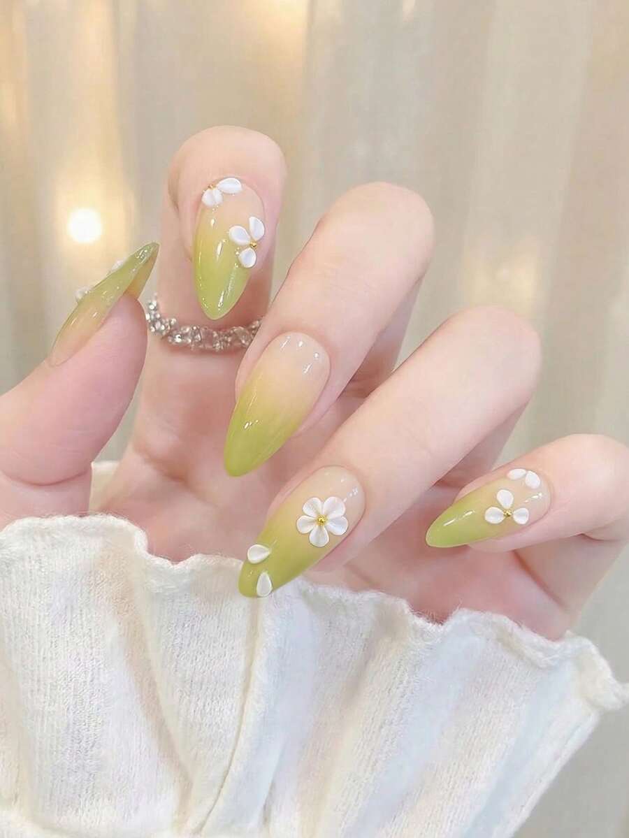 24Pcs Green Gradient Press On Nails With 3D White Flower, Short Almond Fake Nails For Women, Reusable False Nails With Glue For Daily Wear