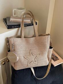 New Casual Khaki Straw Fabric Star Pattern Tote Bag With Coin Purse For Women - Khaki - View 6