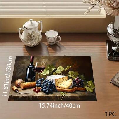 1pc Red Wine & Cheese Print Absorbent Mat/Drying Mat/Drip Mat For Coffee Maker, Tableware - Absorbent Polyester Desktop Protective Mat With Rubber Anti-Slip Pad, For Kitchen Counter Decor, Home Bar And Dining Table