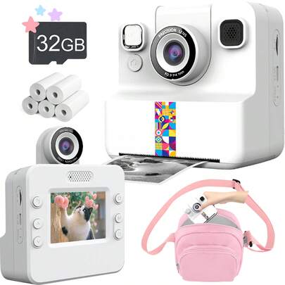 Cámara de impresión instantánea, 48MP FHD 1080P Cámara compacta con flash, juguete portátil con 1 rollo de papel de impresión, cámara digital con juegos, filtros, música, lente de rotación de 180°, zoom de 8X, cámara digital para selfies, regalo de Navidad y cumpleaños para niños y niñas