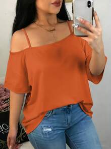 Plus Size 1pc Colorblock Leopard Print Patchwork Knit Fabric Sleeveless T-Shirt, Suitable For Vacation & Beach In Summer Casual - Orange - View 12