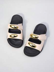 1 Pair Kids' Off-White + Metal Water Drop Buckle + Double Strap Faux Leather Patchwork Non-Slip Durable Comfortable Open Toe Thick Sole Minimalist Luxury Slides, Suitable For Work/Casual Wear - Apricot - View 5