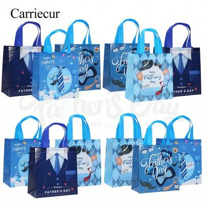 CARRIECUR Father's Day Gift Bags With Handles, Reusable Non-Woven Dad Themed Party Favor Bags, Blue Happy Father's Day Tote Bags With Tie, Mustache, Glasses Print For Dad Gifts, Birthday, Office Party, Family Dinner, Holiday Decorations