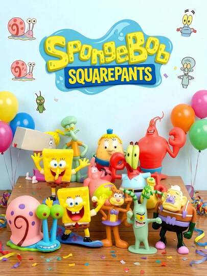 SpongeBob SquarePants 12件套海绵宝宝全家福，包括海绵宝宝、章鱼哥、珊迪、痞老板、蟹老板等比奇堡居民的玩偶，可作桌面摆件、汽车装饰、可爱卡通生日礼物、海绵宝宝和他的朋友们的生日装饰、随机款式桌面摆件、蛋糕装饰、水族箱水下装饰，是节日、生日、圣诞节的理想礼物，也是圣诞袜填充物，海绵宝宝粉丝必备的生日礼物套装