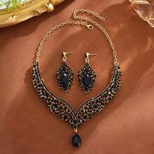 3件套女士新娘婚礼项链耳环首饰套装及优雅派对配饰 - 黑色 - 查看 4