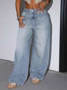 Women's Casual Loose Wide Leg Jeans With Pockets, Suitable For Daily Wear Spring - 淺色水洗 3 - 查看 4