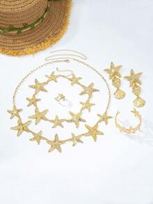 6件套金属海星、贝壳、海螺吊坠首饰套装，适合女性日常、夏季、海滩、度假佩戴 - 包括手链、项链、耳环、戒指、腰链 - 金黃色 - 查看 5