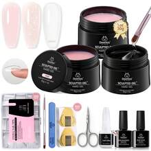 Beetles 3 Colors Hard Gel Nail Extension Kit, Clear Nude Pink Glitter Sculpted Builder Gel With Long Square Half Cover Nail Tips, UV LED Cured Salon Quality DIY Manicure Set For Women - 3 Color Kit with Long Square Tips - 查看 1