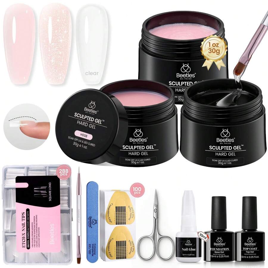 Beetles 3 Colors Hard Gel Nail Extension Kit, Clear Nude Pink Glitter Sculpted Builder Gel With Long Square Half Cover Nail Tips, UV LED Cured Salon Quality DIY Manicure Set For Women - 3 Color Kit with Long Square Tips - 查看 1