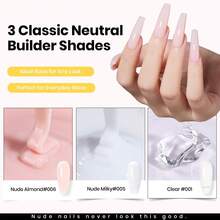 Beetles 3 Colors Hard Gel Nail Extension Kit, Clear Nude Jelly White Sculpted Builder Gel With Long Square Half Cover Nail Tips, UV LED Cured Salon Quality DIY Manicure Set For Women - 3-Color Kit Classic Neutral - 查看 4