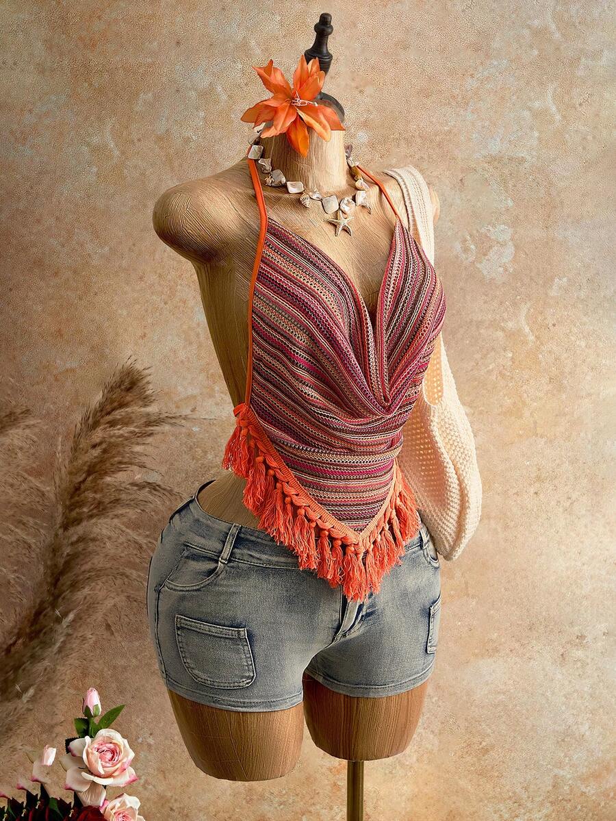 Áo kiểu nữ đi nghỉ mát, kẻ sọc, viền tua rua, cổ xếp ly. - Nhiều màu - Xem 1