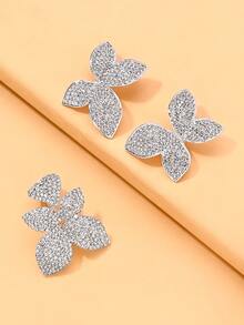 Bộ 3 món bông tai hình hoa đính đá toàn bộ và nhẫn pha lê hình lá có thể mở ra, phụ kiện thời trang kiểu Âu và Mỹ. - Bạc - Xem 4