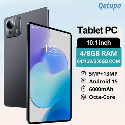  Qetupa 10.1英寸安卓15平板电脑，成人平板电脑，4GB RAM + 64GB存储/8GB RAM + 128GB/256GB存储（支持1TB扩展），MTK6771八核2.0GHz处理器，高清(1280x800) IPS触控屏，500万像素前置摄像头和1300万像素后置摄像头，6000mAh电池，支持802.11ax Wi-Fi 6、蓝牙5.2、GPS，Type-C充电接口，不支持SIM卡