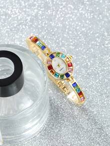 This Brand New High-End Ladies' Watch Features A Stainless Steel Strap And Is Inlaid With Colorful Zirconia Stones. Classic And Elegant, Multi-Functional, Exquisite Quartz Watch, Suitable For Daily Life, Business Occasions, Parties, Back-To-School Season, Birthdays, Anniversaries And Other Special Occasions. - Gold - View 3
