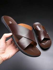 Men's Casual Slide Sandals Faux Leather Cross Strap Open Toe Non Slip Flat Sole Comfort Footwear For Summer Beach Daily Outdoor Wear - 棕色 - 查看 6
