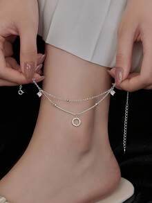 925 Sterling Silver Double Layer Design Circular Cubic Zirconia Anklet, Fashionable Multi-Layer Delicate Foot Chain Gift For Women - Silver - View 9