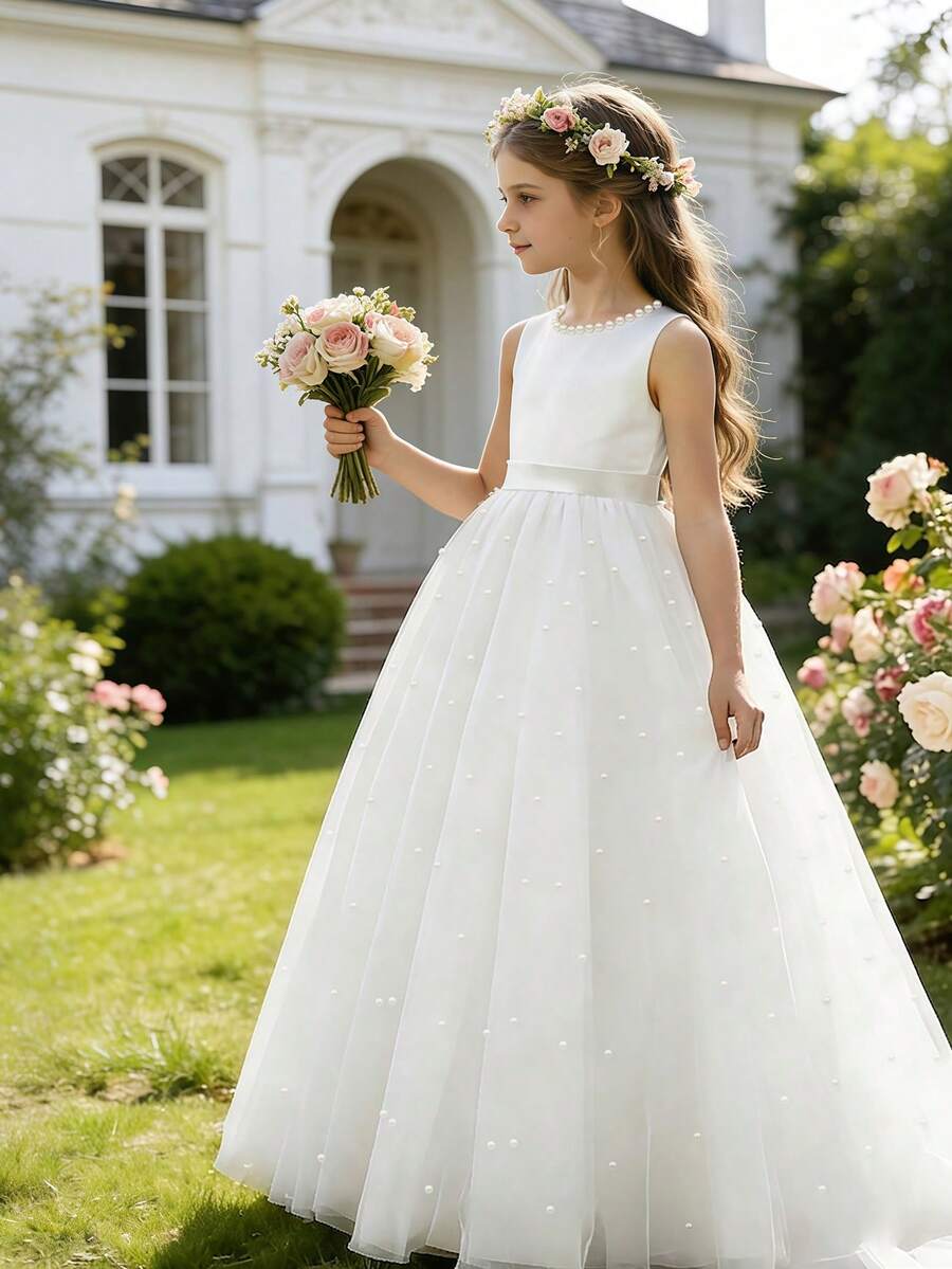 少女优雅白色露背蝴蝶结珍珠薄纱无袖长裙，公主裙，生日派对礼服，舞台表演，摄影，花童婚礼，舞会礼服，毕业舞会礼服