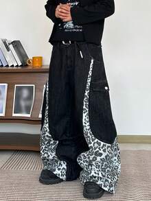1件 Hearty Haven 男士复古拼接阔腿裤，宽松舒适休闲时尚百搭街头学院风宽松版型牛仔裤（不含腰带或配饰） - 黑色 - 查看 2