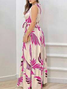 Women's Casual Sleeveless Dress With Botanical Print, Elegant, Summer, Boho Dress With Belt, Gathered Hem, Round Neck Gathered Sleeves, Regular Fit, Long With Tropical Floral Print - 粉色 - 查看 7