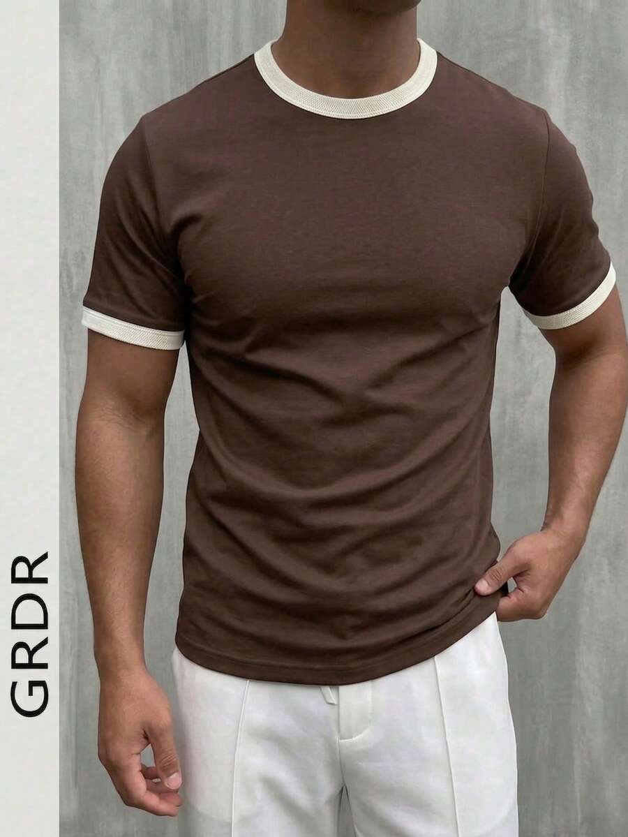 GRDR 男士夏季休闲短袖T恤，时尚简约纯色短袖，适合跑步和日常穿着 - 棕色 - 查看 1