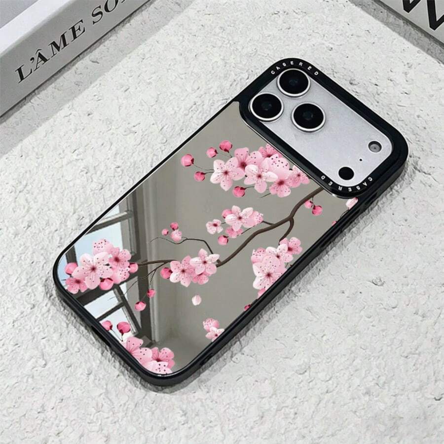 1pc New Silver Mirror Finish Phone Case, Japanese Cherry Blossom Tree Creative Pattern, Elegant Scratch-Resistant Shockproof Protective Cover With Large Camera Hole, Soft Edge Hard Shell For IPhone 17/Air/17Pro/17PROMAX/16/15/14/13/12/11/XSM/XR, Makeup Mirror - Multicolor - View 1