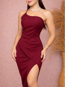 Long Draped Bodycon Dress With Single Straps And Slit - Redwood - View 3