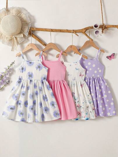 Bộ 4 chiếc váy hè thường ngày cho bé gái, họa tiết hoa và bướm thời trang + váy hồng trơn không tay, thích hợp cho kỳ nghỉ, du lịch, hoạt động ngoài trời và mặc hàng ngày.