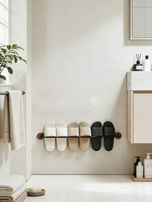 1pc No-Drill Wall-Mounted Slippers Rack, Natural Wood & Metal Bathroom Slippers Storage Rack, Space-Saving Shoe Organizer - Multicolor - View 9
