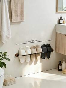 1pc No-Drill Wall-Mounted Slippers Rack, Natural Wood & Metal Bathroom Slippers Storage Rack, Space-Saving Shoe Organizer - Multicolor - View 13