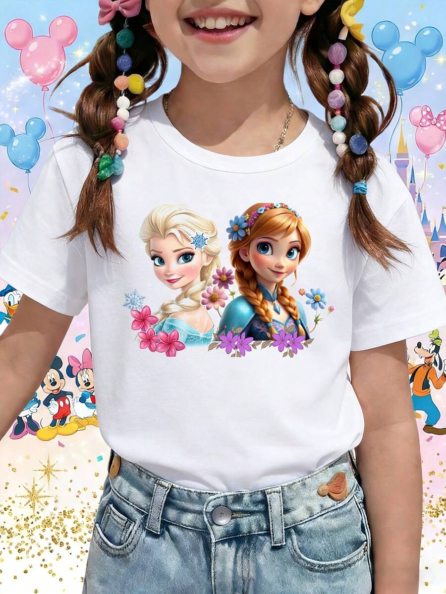 Disney Dis Frozen Anna Princess Floral Cartoon Magic Printed Pattern T-Shirts For Girls - Children's Clothing Design Short-Sleeved Casual And Cute Style Comfortable And Casual Wear All Year Round Suitable For Parties And Play Machine Washable Gift Children's Clothing Girls' Short-Sleeved Shirts - 白色 - 查看 1