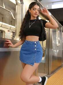 不对称下摆时尚牛仔迷你裙 - 深色水洗藍 - 查看 7