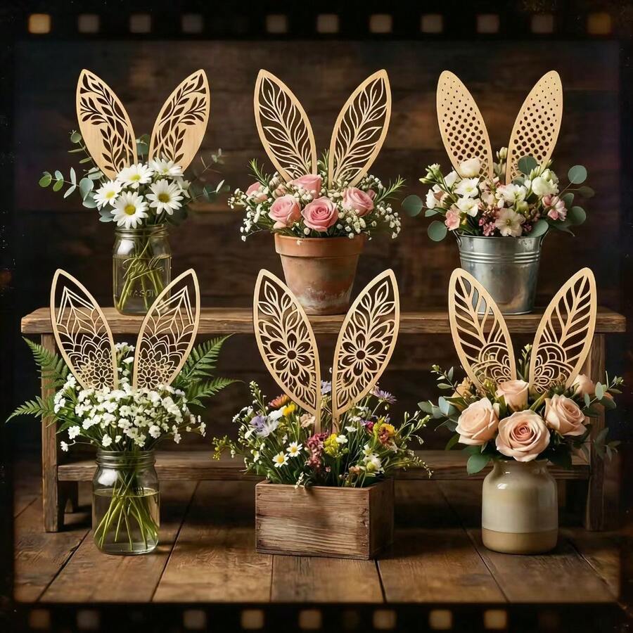 12pcs Wooden Craft Rabbit Ear Garden Decor Stakes, Outdoor Flower Bed Farm Decoration - A - View 1