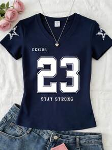 Girls' Short Sleeve T-Shirt With 23 Number And Star Print, Casual Fashionable, Suitable For Spring And Summer. Suitable For Students' Daily Wear, Parties, School, Music Festivals, Vacations And Commuting To Work. - Royal Blue - View 1