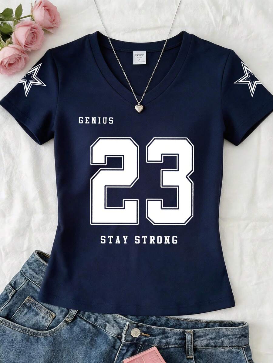 Girls' Short Sleeve T-Shirt With 23 Number And Star Print, Casual Fashionable, Suitable For Spring And Summer. Suitable For Students' Daily Wear, Parties, School, Music Festivals, Vacations And Commuting To Work. - Royal Blue - View 1
