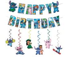 史迪奇主题生日派对装饰套装，包括生日快乐横幅、悬挂式装饰物、蛋糕装饰插牌和纸杯蛋糕装饰插牌，适用于《星际宝贝》主题生日派对用品 - 如圖 - 查看 13