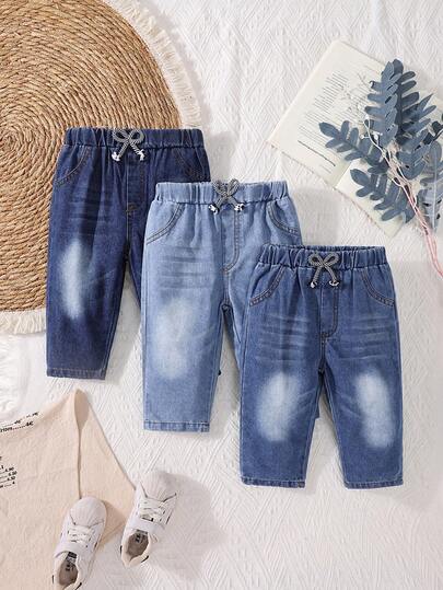 3 件装男婴舒适休闲牛仔裤，春秋街头风格运动服，多色宽腿宽松裤