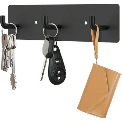 3-Hook Metal Key Holder Wall Mount, Black, Self-Adhesive Or Screw Installation